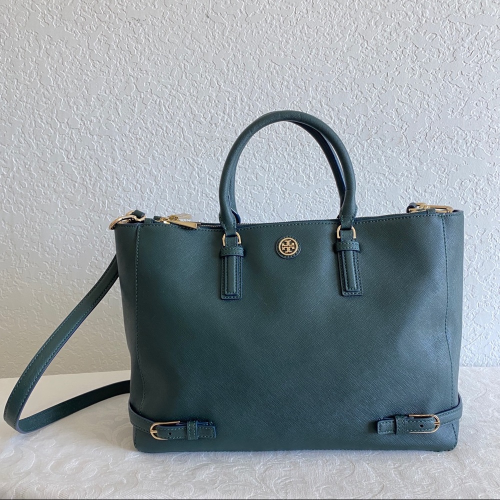 Tory Burch deep green saffiano tote